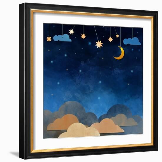 Night Sky,Cloud, Moon and Star - Paper Cut .Water Color on Grunge Paper Texture Background-pluie_r-Framed Art Print