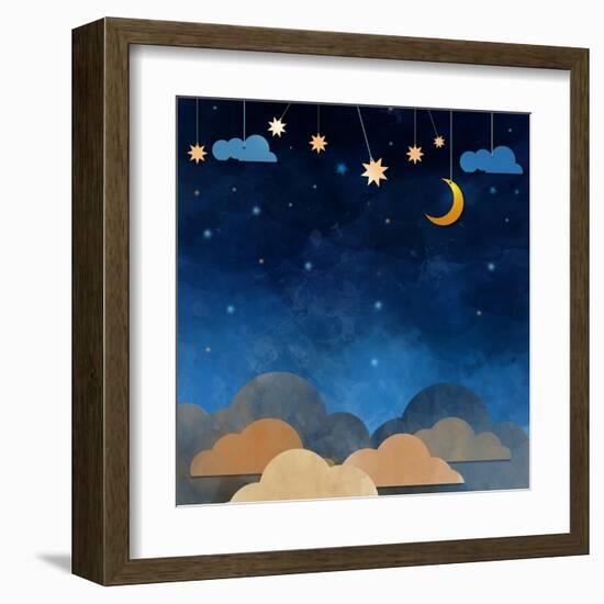 Night Sky,Cloud, Moon and Star - Paper Cut .Water Color on Grunge Paper Texture Background-pluie_r-Framed Art Print