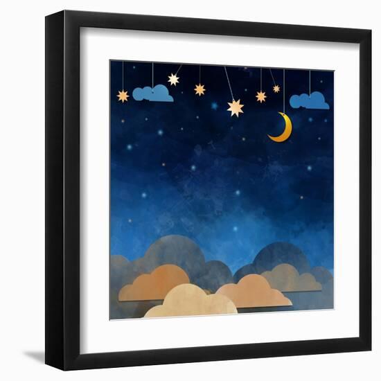 Night Sky,Cloud, Moon and Star - Paper Cut .Water Color on Grunge Paper Texture Background-pluie_r-Framed Art Print