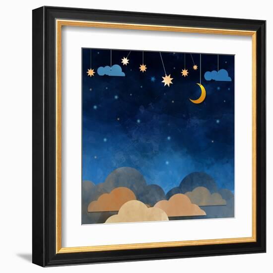 Night Sky,Cloud, Moon and Star - Paper Cut .Water Color on Grunge Paper Texture Background-pluie_r-Framed Art Print