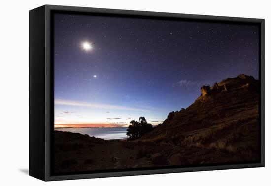 Night Sky with the Moon and Venus over Mountains Near Copacabana and Lake Titicaca-Alex Saberi-Framed Premier Image Canvas