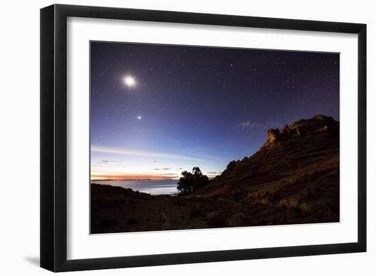 Night Sky with the Moon and Venus over Mountains Near Copacabana and Lake Titicaca-Alex Saberi-Framed Photographic Print