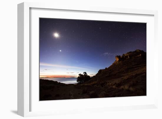 Night Sky with the Moon and Venus over Mountains Near Copacabana and Lake Titicaca-Alex Saberi-Framed Photographic Print