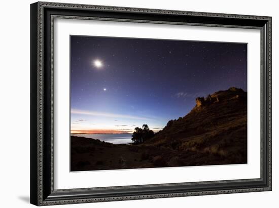 Night Sky with the Moon and Venus over Mountains Near Copacabana and Lake Titicaca-Alex Saberi-Framed Photographic Print