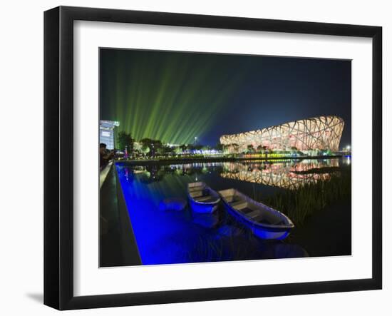 Night Time Light Show at the Birds Nest Stadium During the 2008 Olympic Games, Beijing, China-Kober Christian-Framed Photographic Print