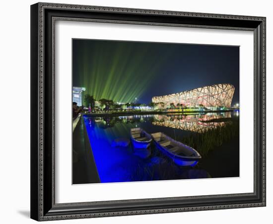 Night Time Light Show at the Birds Nest Stadium During the 2008 Olympic Games, Beijing, China-Kober Christian-Framed Photographic Print