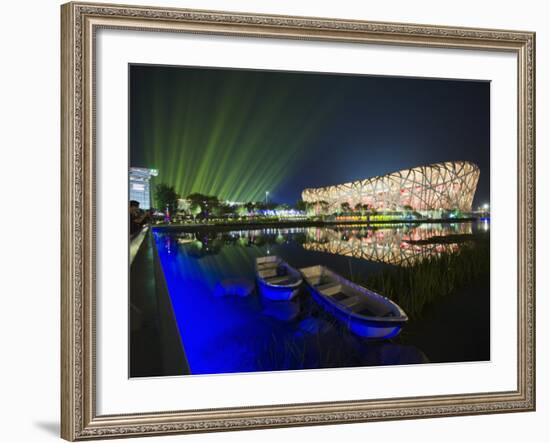 Night Time Light Show at the Birds Nest Stadium During the 2008 Olympic Games, Beijing, China-Kober Christian-Framed Photographic Print