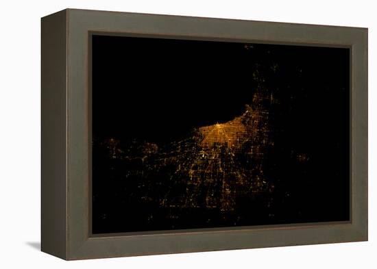 Night time satellite image of Chicago and Lake Michigan, Michigan, USA-null-Framed Premier Image Canvas