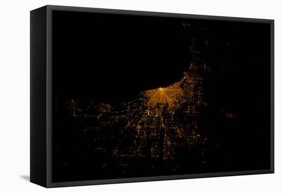 Night time satellite image of Chicago and Lake Michigan, Michigan, USA-null-Framed Premier Image Canvas