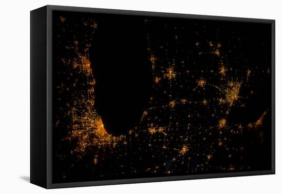 Night time satellite image of Chicago, Milwaukee, Detroit and Lake Michigan, Michigan, USA-null-Framed Premier Image Canvas