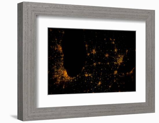 Night time satellite image of Chicago, Milwaukee, Detroit and Lake Michigan, Michigan, USA-null-Framed Photographic Print