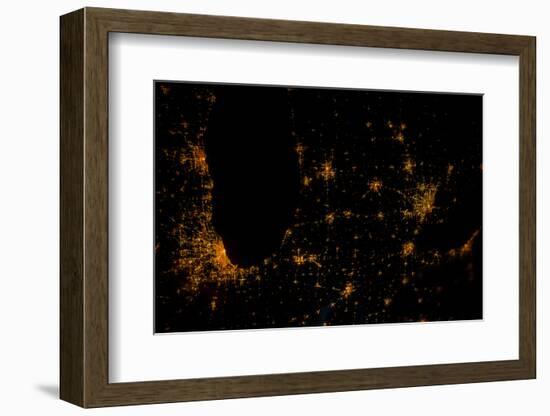 Night time satellite image of Chicago, Milwaukee, Detroit and Lake Michigan, Michigan, USA-null-Framed Photographic Print