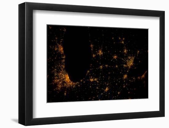 Night time satellite image of Chicago, Milwaukee, Detroit and Lake Michigan, Michigan, USA-null-Framed Photographic Print