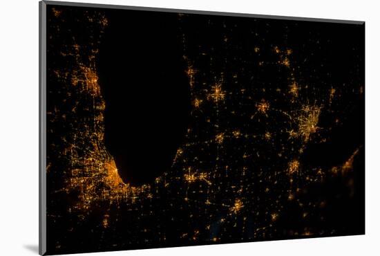 Night time satellite image of Chicago, Milwaukee, Detroit and Lake Michigan, Michigan, USA-null-Mounted Photographic Print
