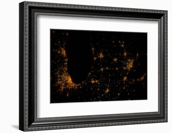 Night time satellite image of Chicago, Milwaukee, Detroit and Lake Michigan, Michigan, USA-null-Framed Photographic Print