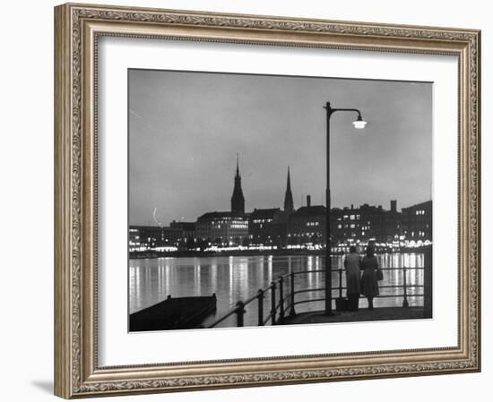 Night Time View of the City of Hamburg, Looking Across River at the New Post War Construction-Walter Sanders-Framed Photographic Print