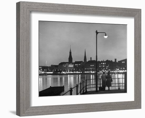 Night Time View of the City of Hamburg, Looking Across River at the New Post War Construction-Walter Sanders-Framed Photographic Print