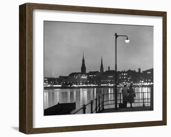 Night Time View of the City of Hamburg, Looking Across River at the New Post War Construction-Walter Sanders-Framed Photographic Print