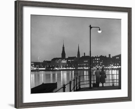 Night Time View of the City of Hamburg, Looking Across River at the New Post War Construction-Walter Sanders-Framed Photographic Print