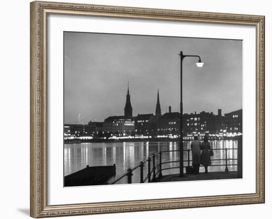 Night Time View of the City of Hamburg, Looking Across River at the New Post War Construction-Walter Sanders-Framed Photographic Print