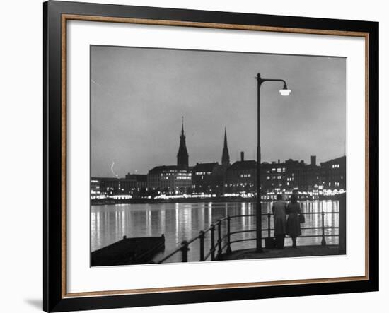 Night Time View of the City of Hamburg, Looking Across River at the New Post War Construction-Walter Sanders-Framed Photographic Print