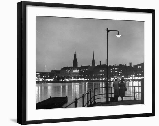 Night Time View of the City of Hamburg, Looking Across River at the New Post War Construction-Walter Sanders-Framed Photographic Print