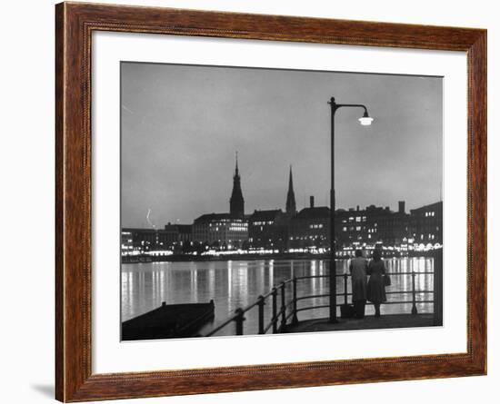 Night Time View of the City of Hamburg, Looking Across River at the New Post War Construction-Walter Sanders-Framed Photographic Print