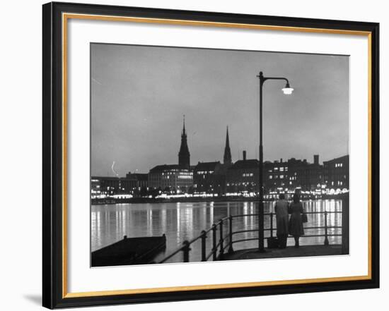 Night Time View of the City of Hamburg, Looking Across River at the New Post War Construction-Walter Sanders-Framed Photographic Print