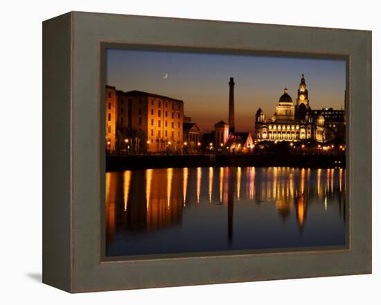 Night View of Albert Dock and the "Three Graces," Liverpool, United Kingdom-Glenn Beanland-Framed Premier Image Canvas