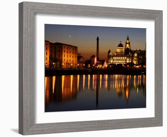 Night View of Albert Dock and the "Three Graces," Liverpool, United Kingdom-Glenn Beanland-Framed Photographic Print