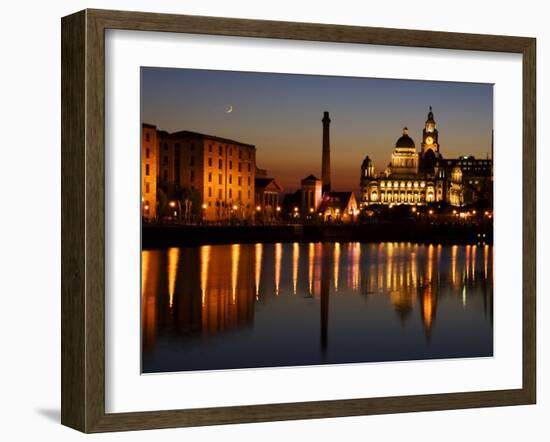 Night View of Albert Dock and the "Three Graces," Liverpool, United Kingdom-Glenn Beanland-Framed Photographic Print