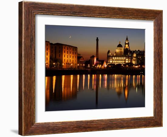 Night View of Albert Dock and the "Three Graces," Liverpool, United Kingdom-Glenn Beanland-Framed Photographic Print