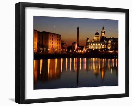 Night View of Albert Dock and the "Three Graces," Liverpool, United Kingdom-Glenn Beanland-Framed Photographic Print