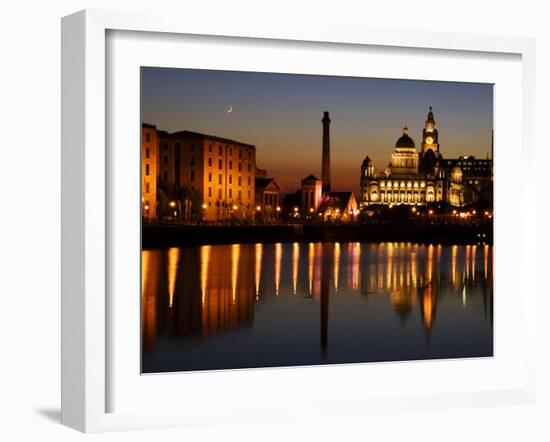 Night View of Albert Dock and the "Three Graces," Liverpool, United Kingdom-Glenn Beanland-Framed Photographic Print