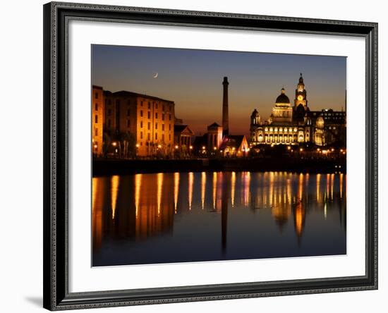 Night View of Albert Dock and the "Three Graces," Liverpool, United Kingdom-Glenn Beanland-Framed Photographic Print