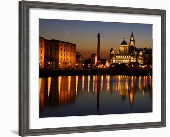 Night View of Albert Dock and the "Three Graces," Liverpool, United Kingdom-Glenn Beanland-Framed Photographic Print