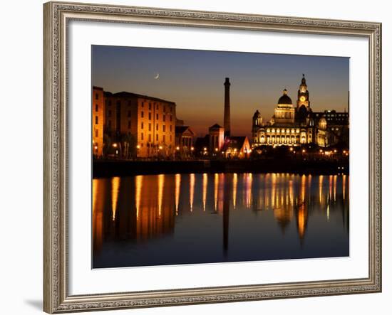 Night View of Albert Dock and the "Three Graces," Liverpool, United Kingdom-Glenn Beanland-Framed Photographic Print