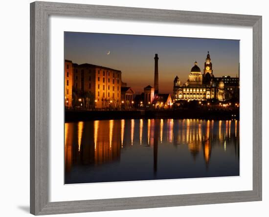 Night View of Albert Dock and the "Three Graces," Liverpool, United Kingdom-Glenn Beanland-Framed Photographic Print