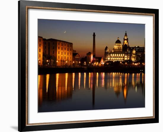 Night View of Albert Dock and the "Three Graces," Liverpool, United Kingdom-Glenn Beanland-Framed Photographic Print