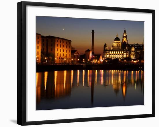 Night View of Albert Dock and the "Three Graces," Liverpool, United Kingdom-Glenn Beanland-Framed Photographic Print