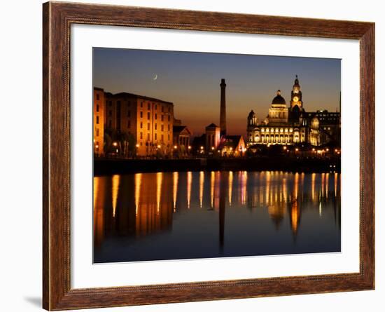 Night View of Albert Dock and the "Three Graces," Liverpool, United Kingdom-Glenn Beanland-Framed Photographic Print