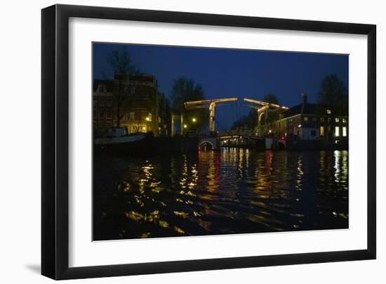 Night View of Amsterdam Canal with Bridge-Anna Miller-Framed Photographic Print