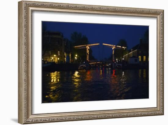 Night View of Amsterdam Canal with Bridge-Anna Miller-Framed Photographic Print