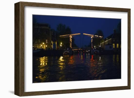 Night View of Amsterdam Canal with Bridge-Anna Miller-Framed Photographic Print