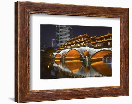 Night view of Anshun Bridge with reflection in Jin River, Chengdu, Sichuan Province, China-Keren Su-Framed Photographic Print