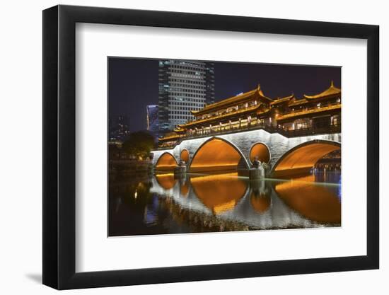 Night view of Anshun Bridge with reflection in Jin River, Chengdu, Sichuan Province, China-Keren Su-Framed Photographic Print