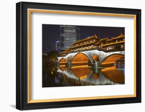 Night view of Anshun Bridge with reflection in Jin River, Chengdu, Sichuan Province, China-Keren Su-Framed Photographic Print