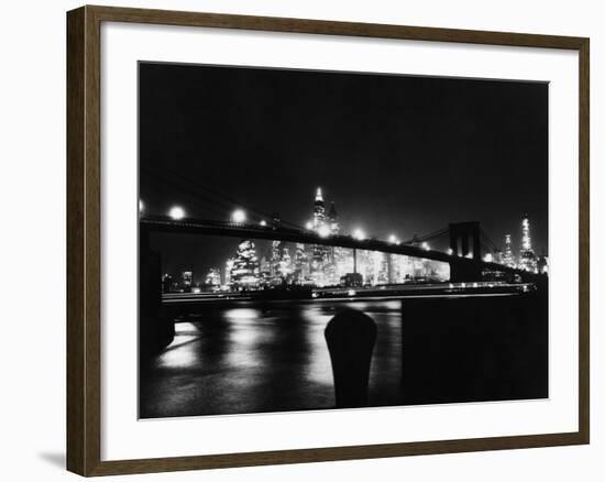 Night View Of Brooklyn Bridge-Bettmann-Framed Photographic Print