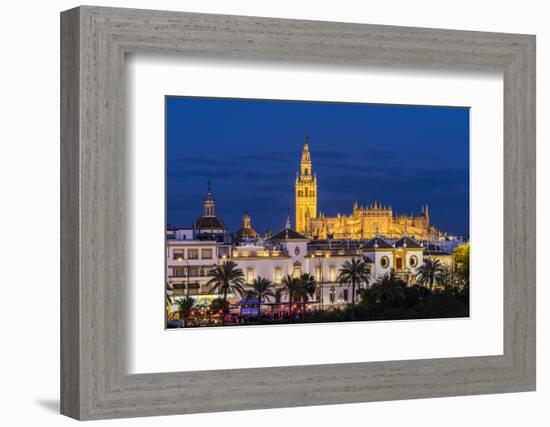 Night view of city skyline with Cathedral and Giralda bell tower, Seville, Andalusia, Spain-Stefano Politi Markovina-Framed Photographic Print