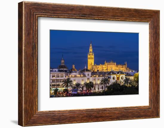 Night view of city skyline with Cathedral and Giralda bell tower, Seville, Andalusia, Spain-Stefano Politi Markovina-Framed Photographic Print